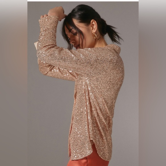 EUC Anthropologie Sunday in Brooklyn Rosegold Sequin Relaxed Fit Shirt Sz XXS - Picture 3 of 12